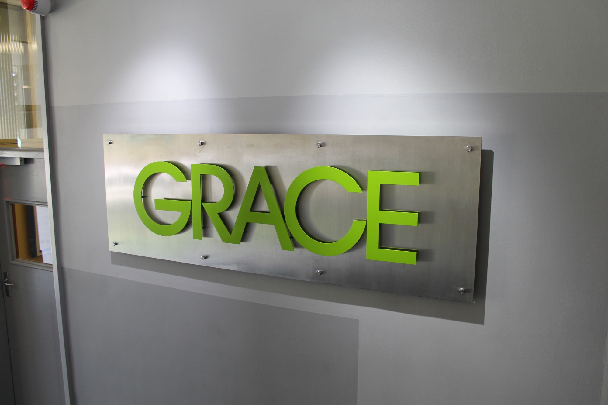 Brushed Stainless Steel Cut-out Plate Signage with superimposed powder coated text